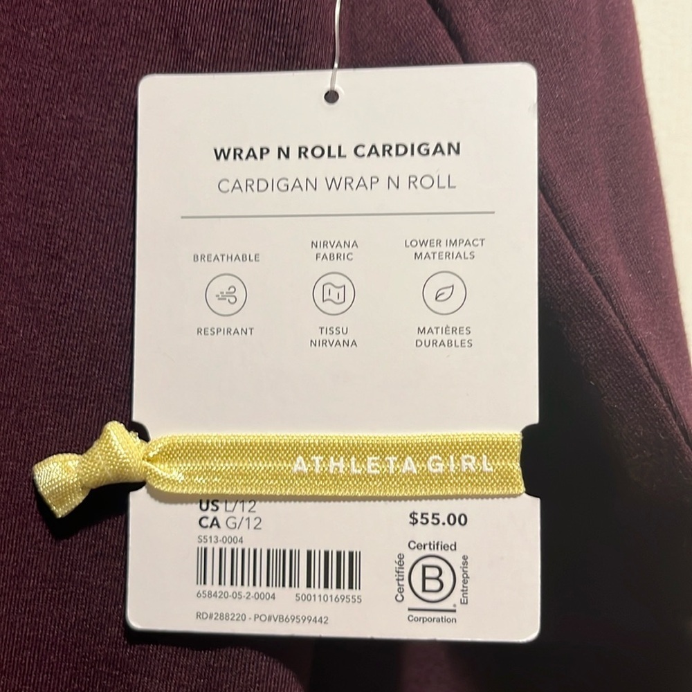NWT Athleta Girl Burgandy Wrap N Roll Cardigan Size L/12 - Picture 4 of 6